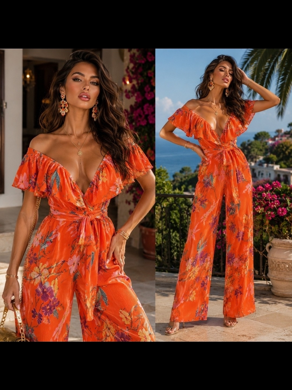 Off-Shoulder Floral Orange Jumpsuit with Waist Tie NWT Size Small